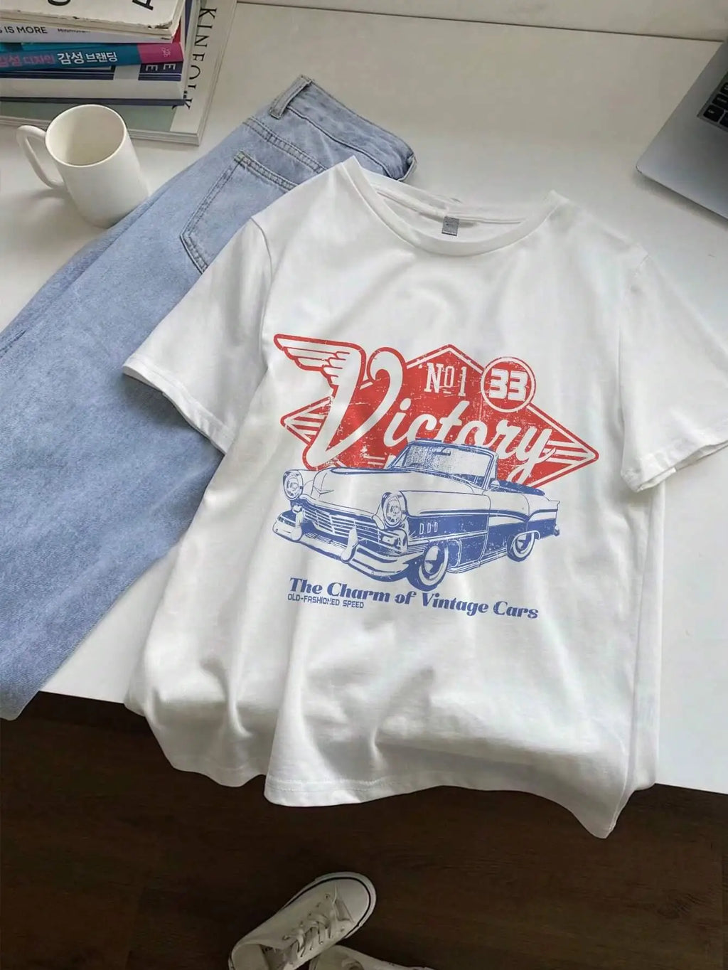 Women Cotton T-shirts The Charm Of Vintage Cars Victory Printing Short Sleeve O-Neck Loose Tops Summer Street Female Clothes