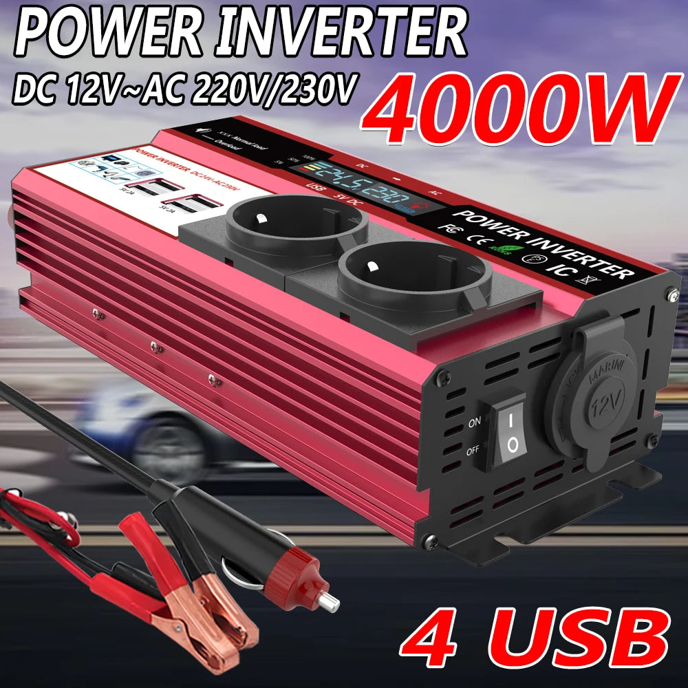 12V To 220V 4000W Peak Power Inverter 800W Continuous Power LCD Display EU Socket Solar Inverter Dual USB  for Phone Laptops Car