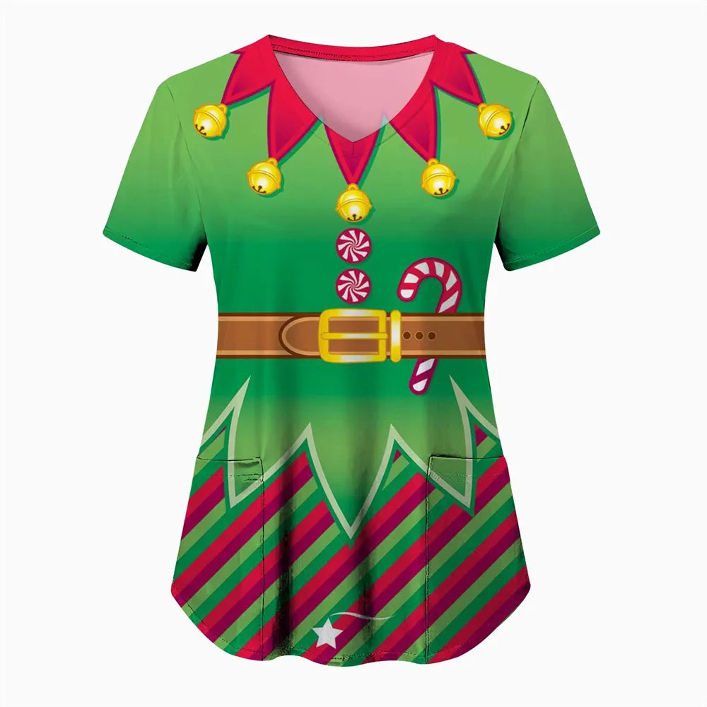 Womens Christmas Nurse T Shirt Print Short Sleeve V Neck Workwear With Pocket Working Nurse Work Wear Overalls Medical Uniforms