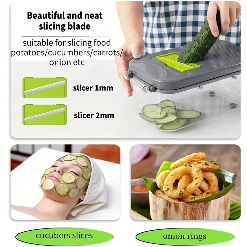 22 in 1 Vegetable Chopper with Stainless Steel Blade Adjustable Slicer And Cutter with Drain Rack Storage Container Kitchen Tool