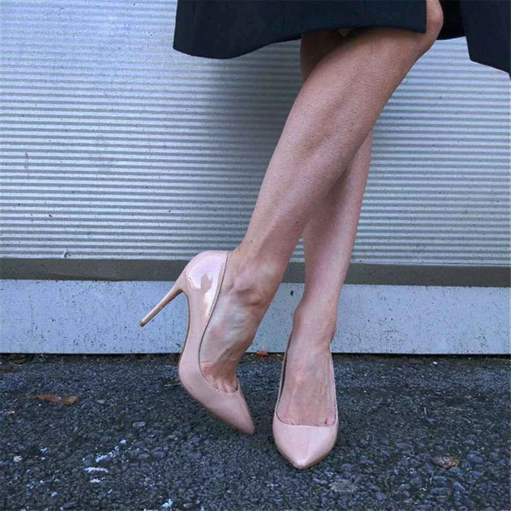 Tikicup Solid Nude Patent Women Pointy Toe Stiletto High Heels Slip On OL Wedding Party Dress Shoes Elegant Ladies Formal Pumps