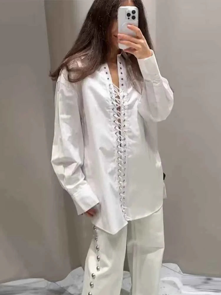 Fashion Lapel Long Sleeve Shirts & Blouses For Women Autumn Weave Drawstring Blouse Lady Holiday Street Chic Tops Ropa De Mujer