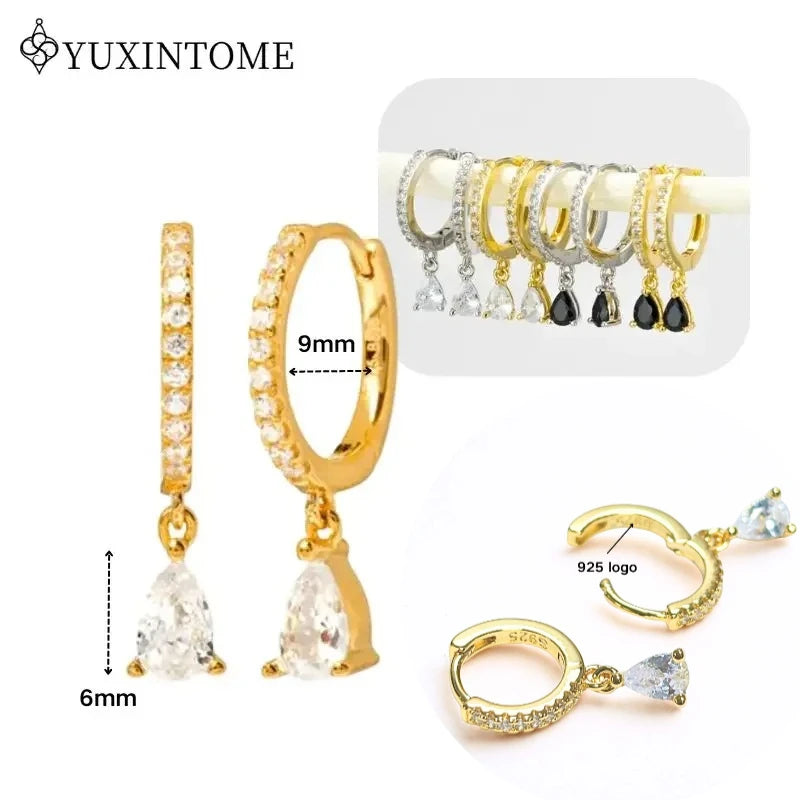Women's 925 Sterling Silver Ear Needle Crystal Zircon Water Droplets Stud Hoop Gold Huggie Earrings Premium Luxury Party Jewelry