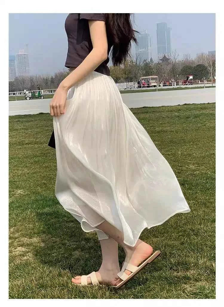 2025 Spring/Summer New Luster  A-line Women Skirt Solid Color High Waist French Paris Style Elegant Asymmetrical Skirt