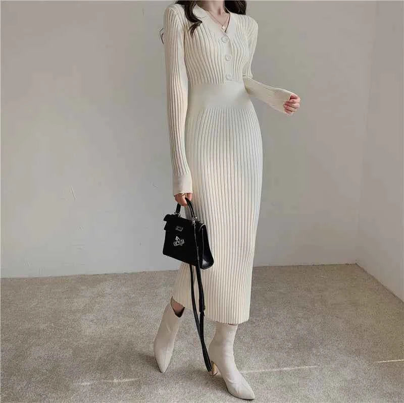 Autumn Winter Sweater Dress For Women 2024 New Arrivals Buttons Up V Neck High Waist Long Knitted Dress Korean Maxi Dresses
