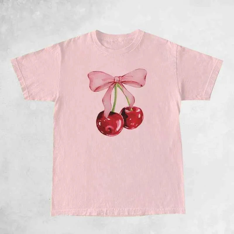 Cherry Bow Printed Women's Vintage T-Shirt Trendy Cute Coquette Tee Shirt Short Sleeve Cottagecore Aesthetic Tops Female Clothes