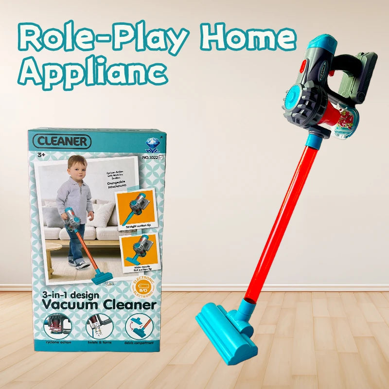 Kids 3-in-1 Toy Vacuum Cleaner – Light & Sound Stick/Handheld, Detachable Debris Bin, Cyclone Beads, 2 Attachments, Role-Play Ho