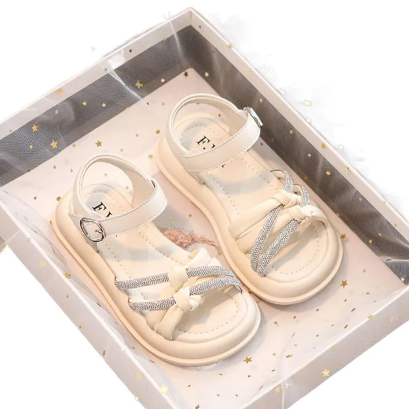 2026Summer Princess Girls Sandals Summer Children Beach Shoes Girls Open-toed Sandals Soft PU Leather Flat Kids Sandals For Girl