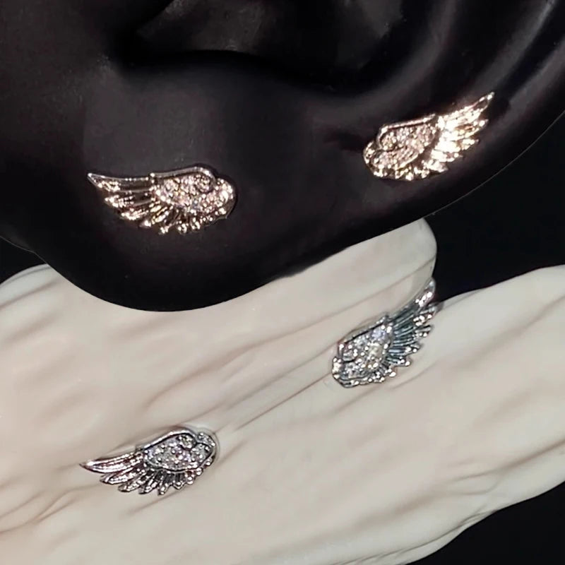 Fashion Zircon Wing Stud Earrings for Women Luxury Shiny Crystal Creative Angel Wings Cross Silver Color Ear Studs Jewelry Gifts