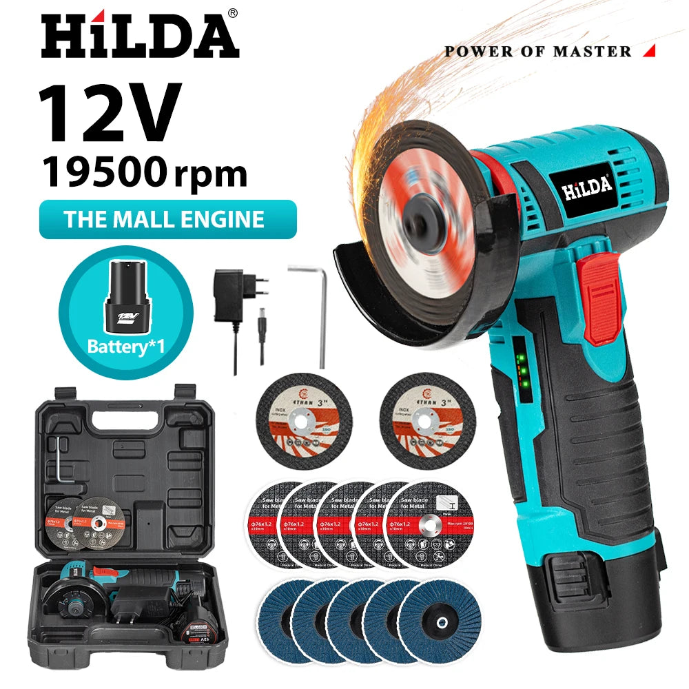 HILDA 3 inch 12V Miniature Rechargeable Angle Grinder with Battery Cutting Blade Polishing Grinder for Cutting Diamond Cordless