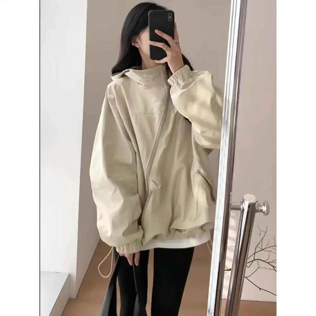 Women Hooded Jackets Diagonal Zipper Design Vintage Autumn Baggy Fashion BF Style Outdoor Chaqueta Mujer Leisure All-match Lady
