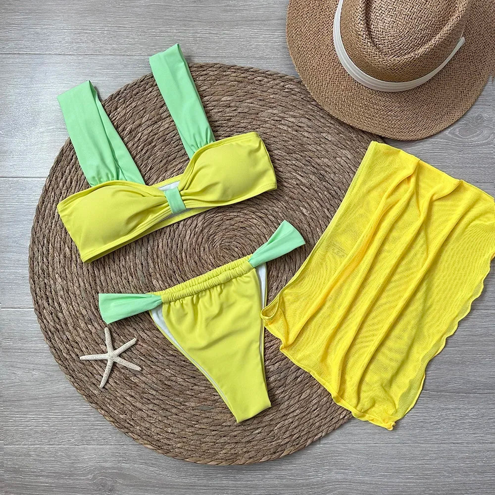3 Pieces Bikini Set Wiht Mini Skirt Women Swimwear 2024 Sexy Bikinis Push Up Beachwear Solid Bodysuit Micro Thong Biquini Female