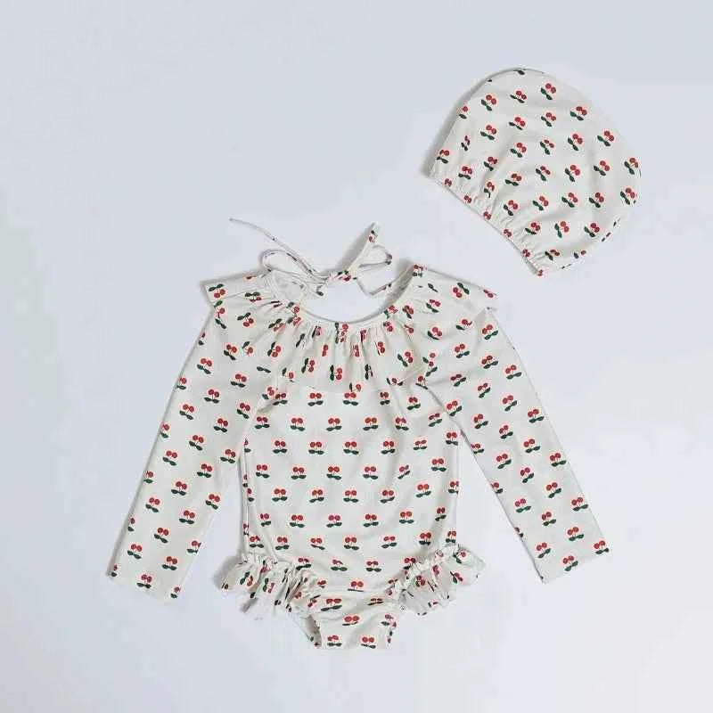 Kids Swimwear for Girl New Summer Baby Girls Cute Cherry Floral Swimsuit Set Long Sleeves/Sling Sunscreen Swimsuit Bikini H503
