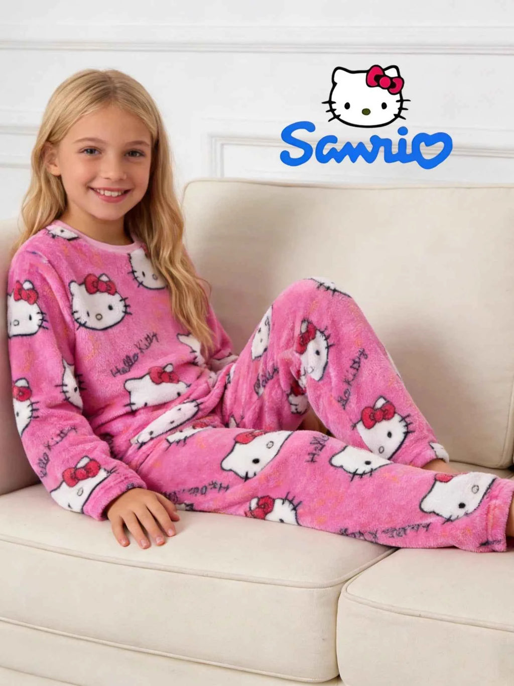 Sanrio girls' sleepwear and pants set for autumn and winter, Hello Kitty long sleeved pants with thick suede for home wear.