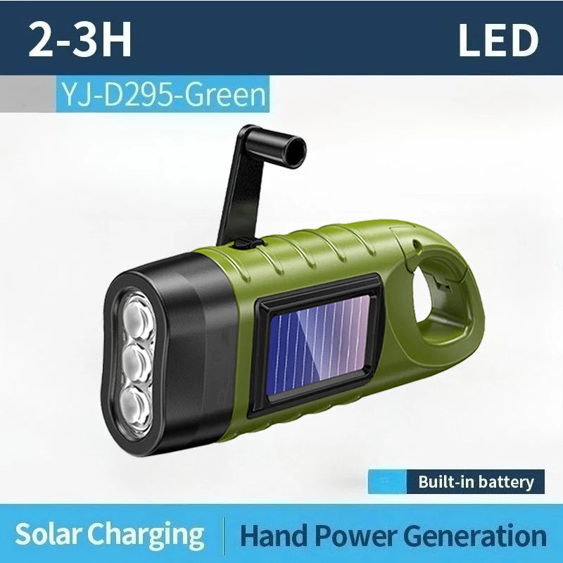 YJ-D295 Emitting Color Solar Hand Crank LED Flashlight – Rechargeable Emergency Lamp
