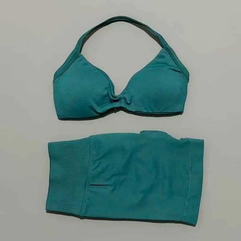 HISTELLO Gym Set 2 Piece Women Strappy Yoga Bra Top Workout Scrunch Shorts Sports Suit Fitness Clothes Seamless Yoga Set