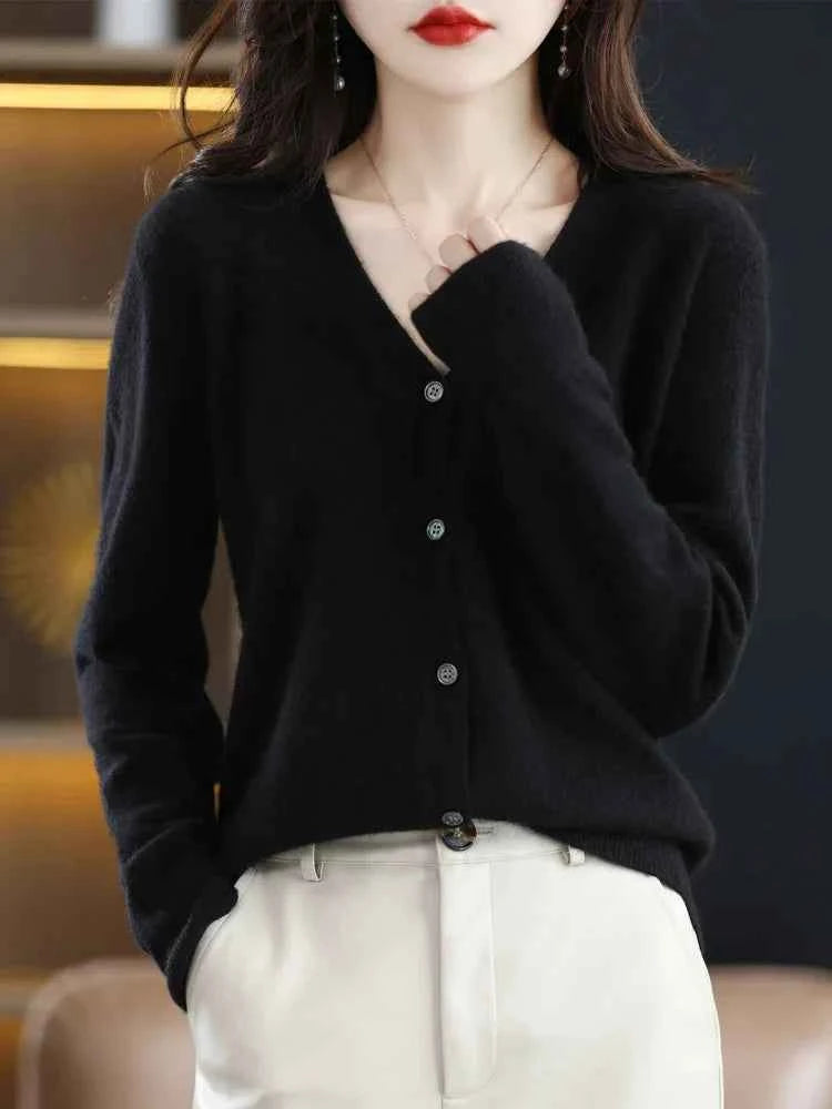 Women Cardigans V-neck Long Sleeve Knitted Outerwear Solid Thin Spring Autumn Sweaters Knitwears Korean Fashion Red Cardigans