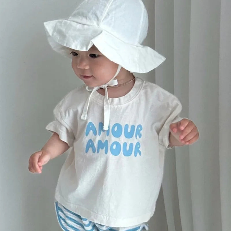 Summer Korean Style Kids T-Shirt Letter Print Cotton Short Sleeve Children Top Solid Color Thin Soft Clothes for Boys Girls