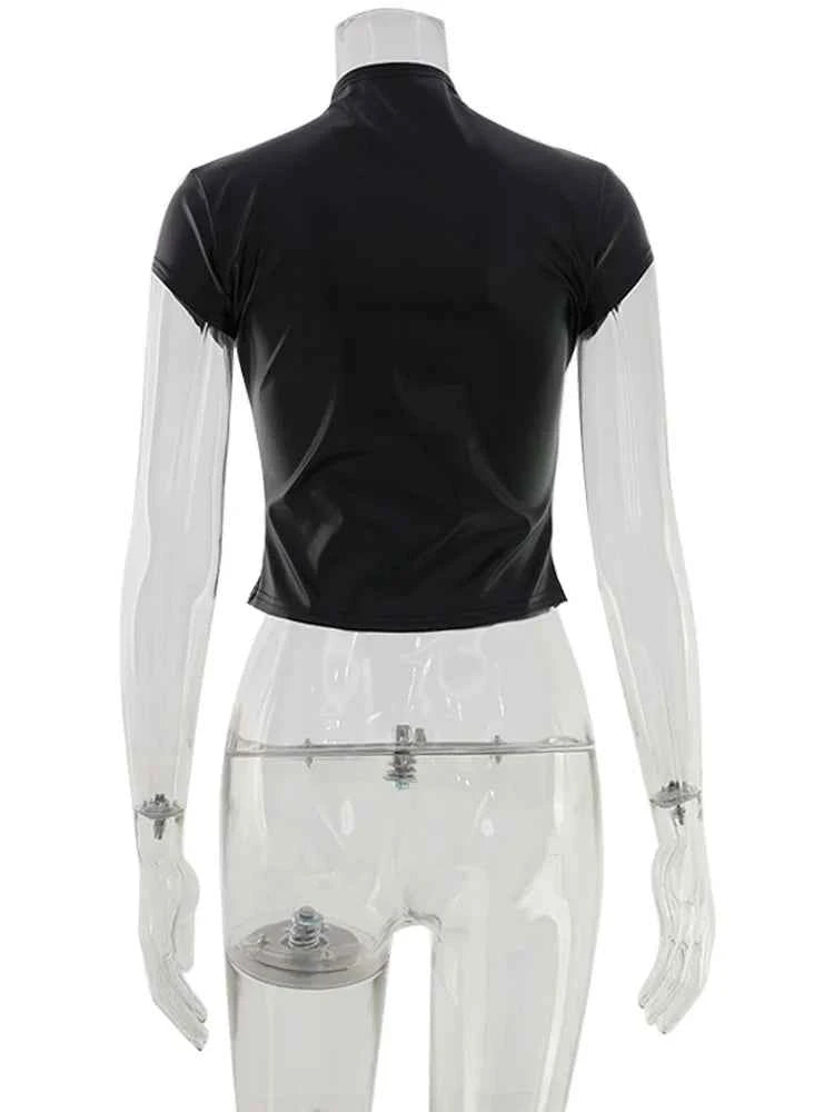CNYISHE PU Leather Button Solid Short Sleeve Women Tops Sheath Fashion High Collar Blouse Fitness Female Sexy Club Tees Chic