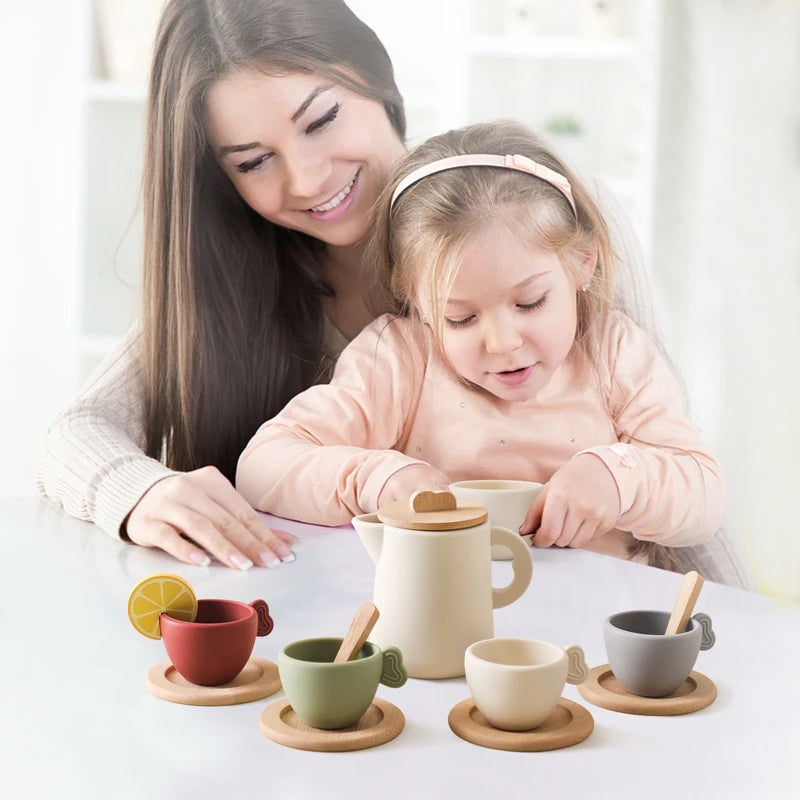 Baby Play Set 9pc Afternoon Tea Set Children's Play House Toy Afternoon Tea Set Pot Food Grade Silicone Toys for Girl Gifts