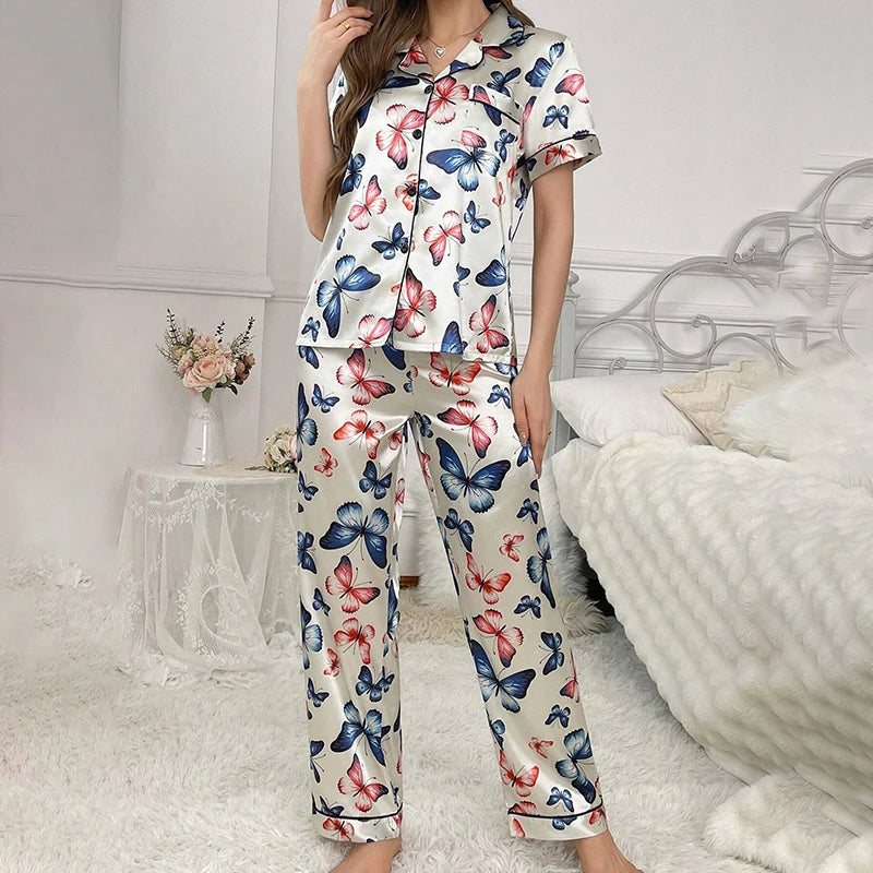 Women's Pajamas Sets Autumn Short Sleeve Buttons Top & Pants Sleepwear 2 Piece Button-Down Pj Set Homewear Satin Loungewear