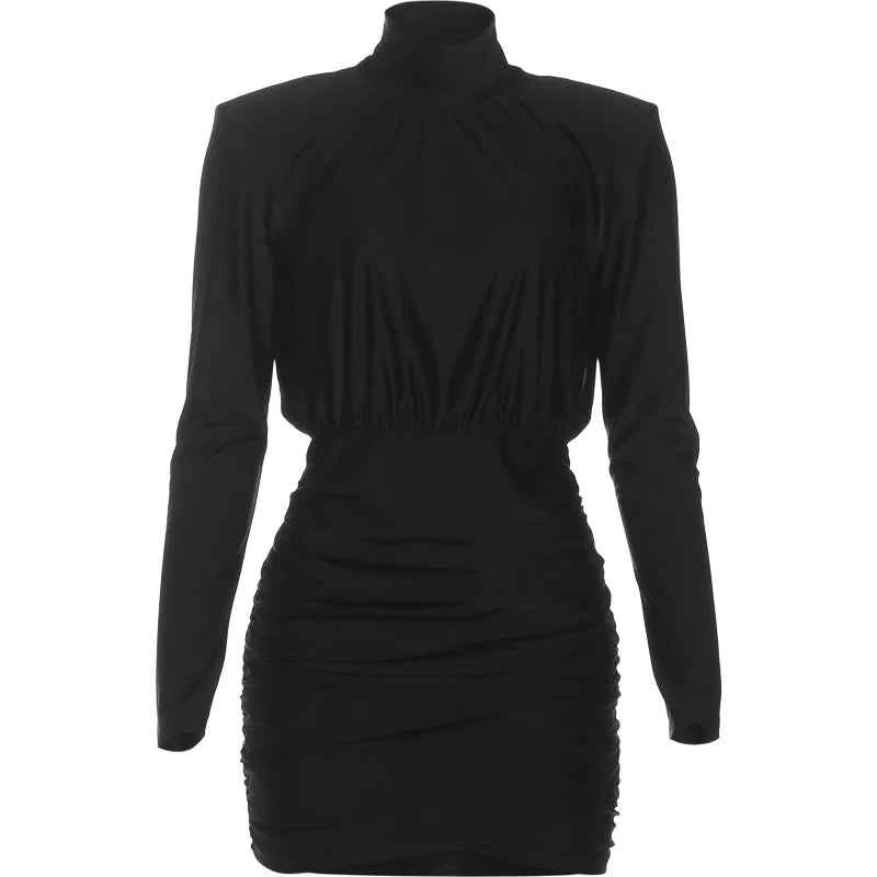 Nibber Classic Turtleneck Dress Women Shoulder Padded Ruched Sexy Office Commute Simple Peach Hip Skinny Elegant Mini Bodycon