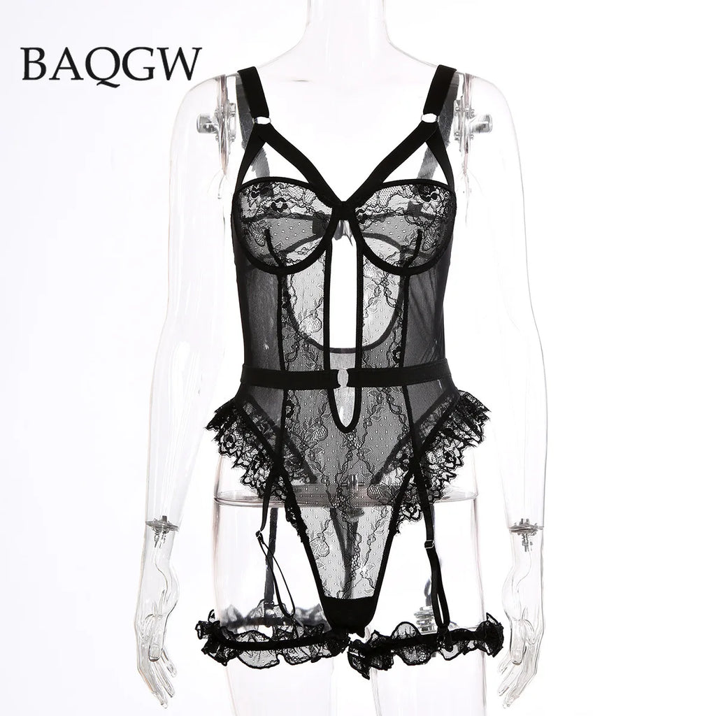 Pink Embroidery Floral Backless Sexy Mesh Sheer See Through One-piece Rompers Women Sexy Lingerie Slim Bodysuit Female Clubwear