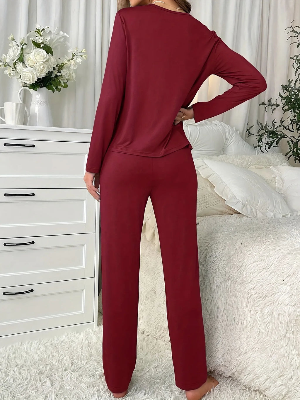 Women's Letters Print Pajamas Set Solid Simple Style Long Sleeve Crew Neck Top And Elastic Pants Trendy Women's Sleepwear