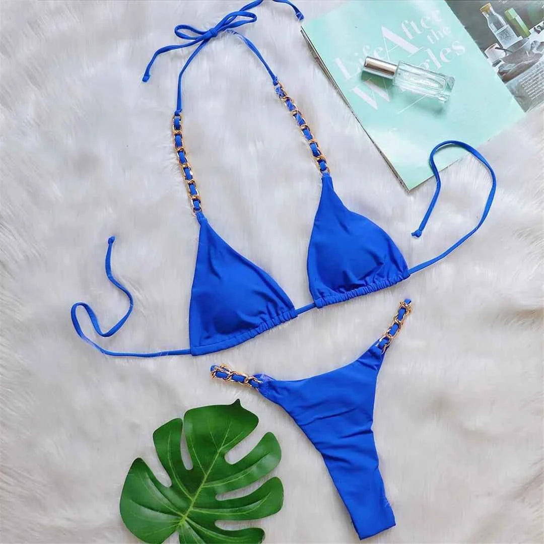 Metal Ring Halter Scrunch Butt Thong Bikini Women Swimwear Female Swimsuit Two-pieces Bikini set Bather Bathing Suit Swim V4391
