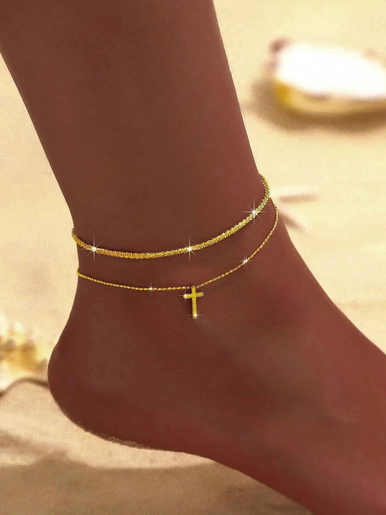 Summer Shiny Sparkling Simple Silver Color Anklet Zircon Cross Love Pearl Double Layer Bracelet On Leg Foot Trendy Beach Jewelry