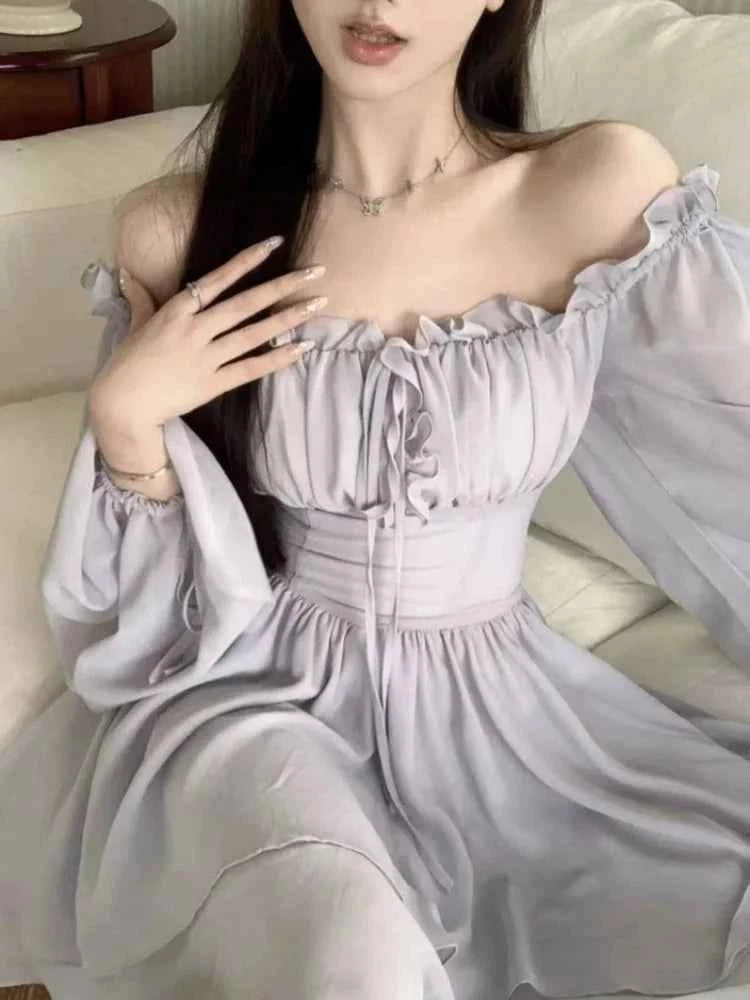 Dresses Women Solid Retro Long Sleeve Slash Neck Autumn Gentle Korean Style Streetwear All-match Lovely Comfortable Stylish Chic