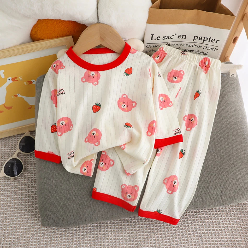 Summer Kids Cotton Pajama Sets Long Sleeve Pants Suitable Baby Gentle Nighttime Comfortable Sleepwear in Air Conditioned Rooms