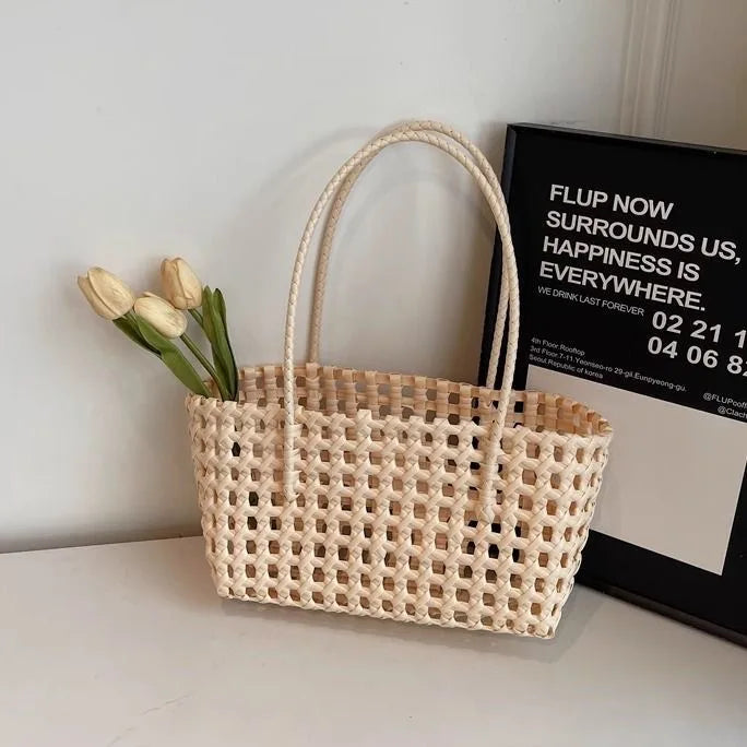1pcs Plastic Hollow Weave Bag Countryside Style Large Capacity Beach Tote Bag Bucket Bag Bohemian Style Woman PVC Handbag Summer