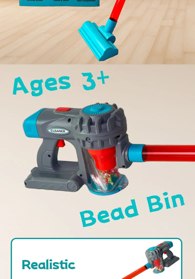 Kids 3-in-1 Toy Vacuum Cleaner – Light & Sound Stick/Handheld, Detachable Debris Bin, Cyclone Beads, 2 Attachments, Role-Play Ho