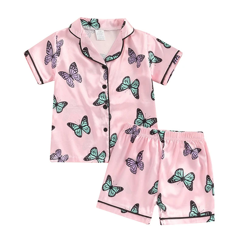 Kids Girls Summer 2PCS Pajama Sets Short Sleeve Lapel Shirt Butterfly Print Pants Loose Sleepwear for 1 Years to 7 Years