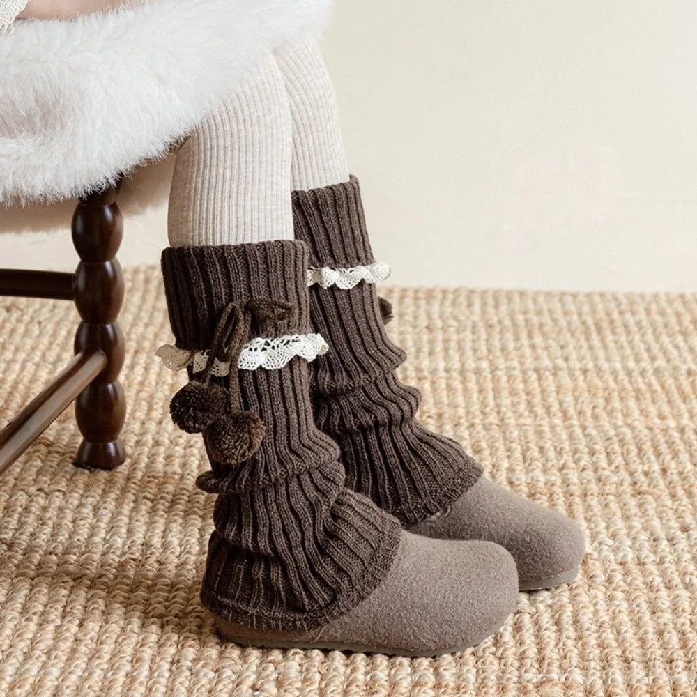 New Solid Color Leg Warmers Thickened Lolita Mid-Calf Sock Knitted Bow Pompom Hosiery Autumn and Winter
