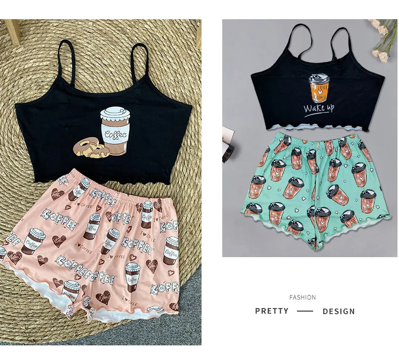 Summer Silk Satin Pyjama Pajamas for Women Sexy Sleepwear Sling Top Shorts Pajama Set Cartoon Pattern Printing 2-Piece Homewear