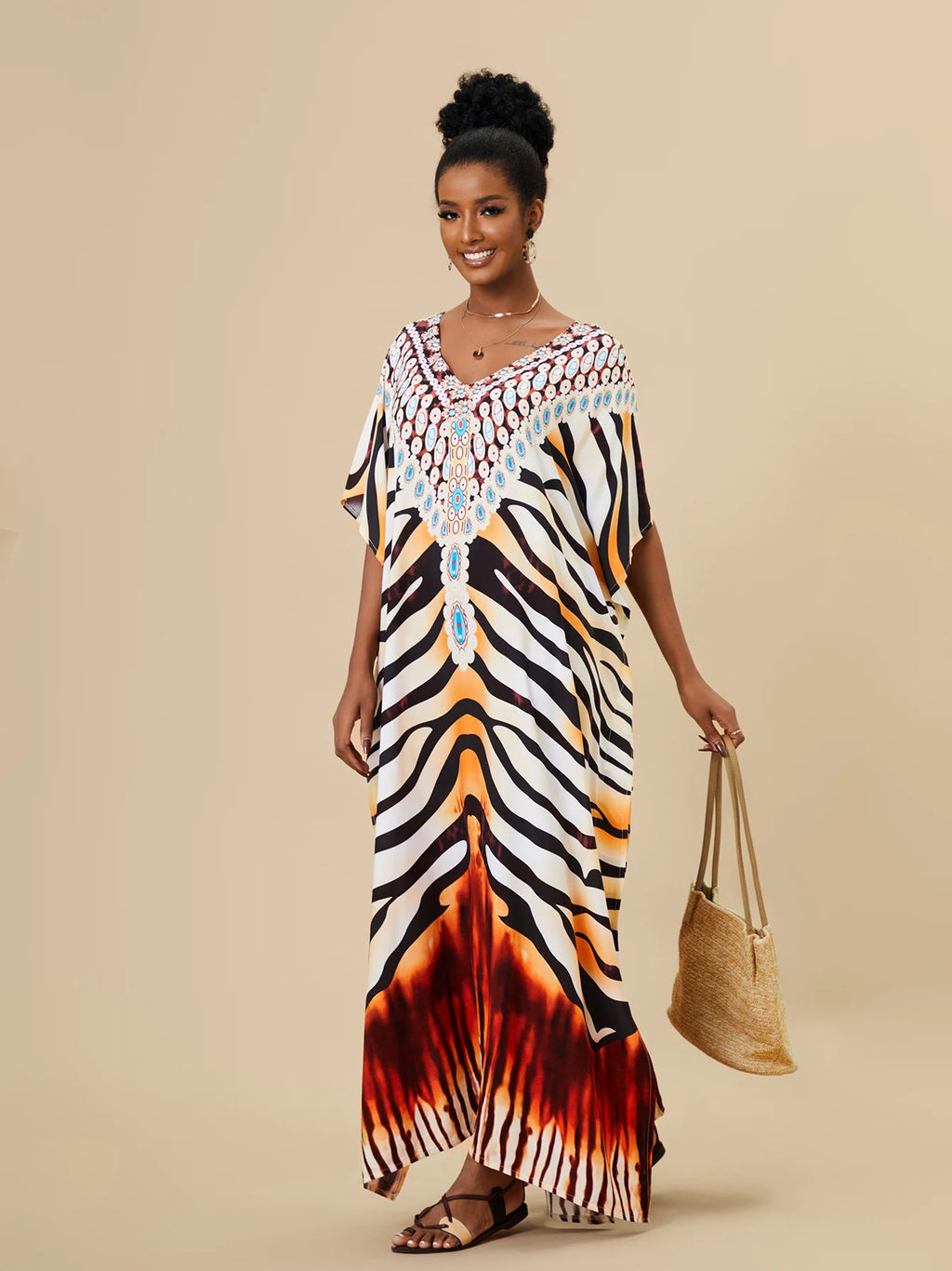 EDOLYNSA 2023 Bohemian Printed Loose Kaftan Casual Summer Vacation Maxi Dress Women Clothing Beach Wear Swim Suit Cover Up Q1469