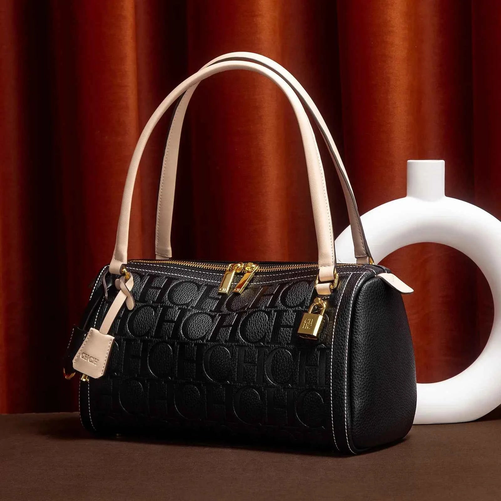 C-H Women's Boston Bag Autumn Winter New Collection Letter Design Texture Shoulder Bags