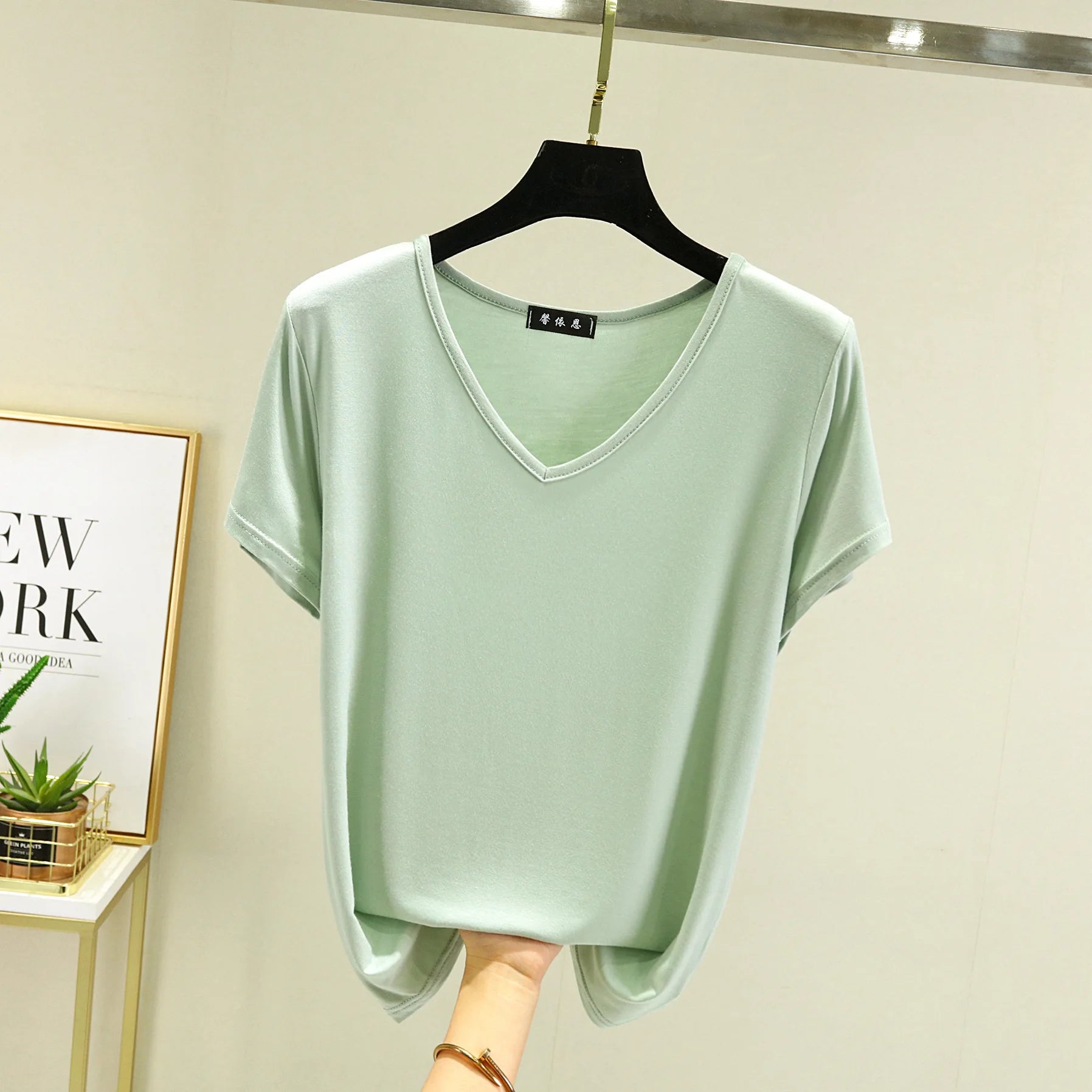 Summer women Modal V-Neck Tshirt Thin Bottoming T-shirts Plus size Loose tee tops Streetwear Basic Top