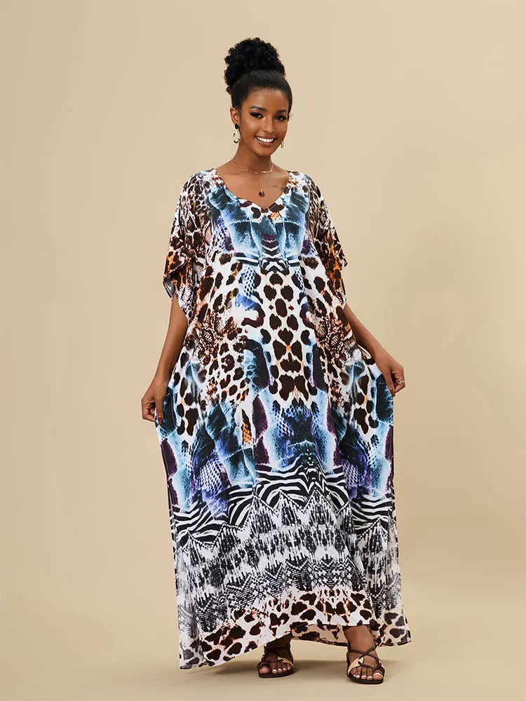 EDOLYNSA 2023 Bohemian Printed Loose Kaftan Casual Summer Vacation Maxi Dress Women Clothing Beach Wear Swim Suit Cover Up Q1469