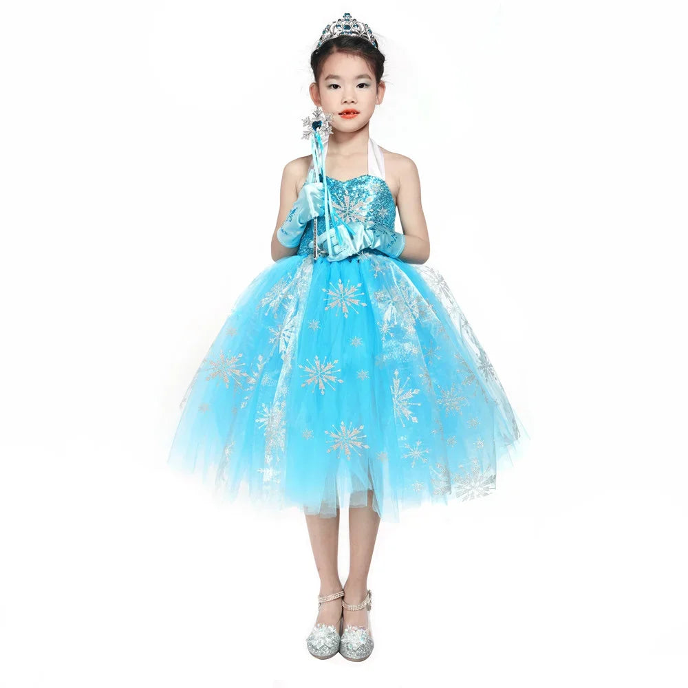 Sequins Elsa Costume for Girls Sky Blue Snow Queen Tutu Dress Snowflake Kids Halloween Birthday Carnival Party Princess Costume