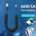 66W & LIGHTNING PD Fast Charging Type C to Type C Spring Telescopic Cable For iPhone 15 14 Samsung Xiaomi OnePlusCar USB Type C