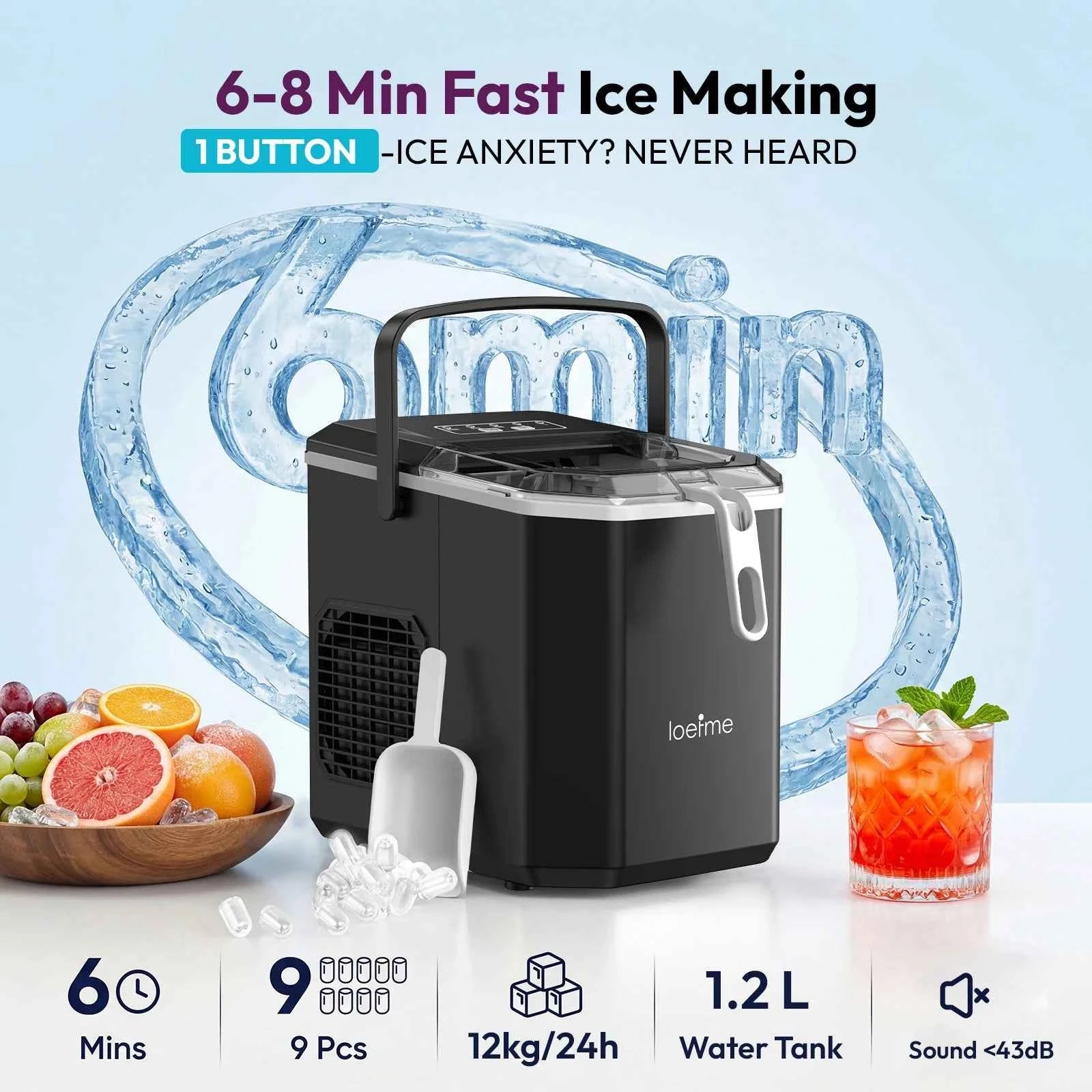 LOEFME 12kg/24h Electric Ice Maker Machine Bullet Ice 6 Mins 9pcs Ice Cubes Self-Cleaning Ice Maker for Home Cafes Camping Party