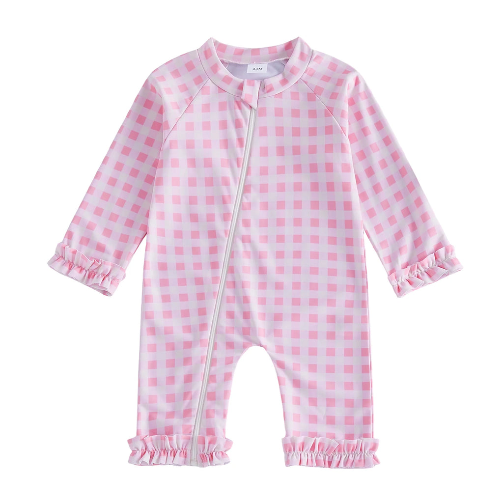 Toddler Baby Girl Summer Rash Guard Swimsuit Solid Color Print Long Sleeve Round Neck Romper Swimwear for Pool Beach
