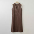 2025 Summer Women Solid Linen V Neck Sleeveless Fashion Dress Split Tank Dress