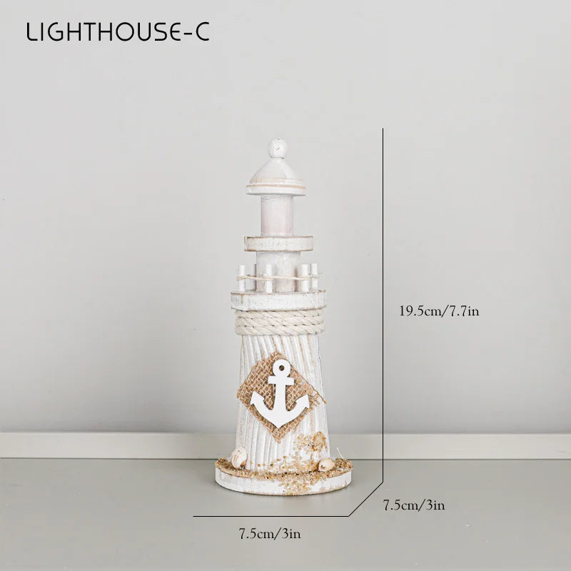 Mediterranean Style Home Decoration Figurines Desktop Ornaments Ocean Wooden Lighthouse Model Wood Ship Crafts Wall Decor Plaque