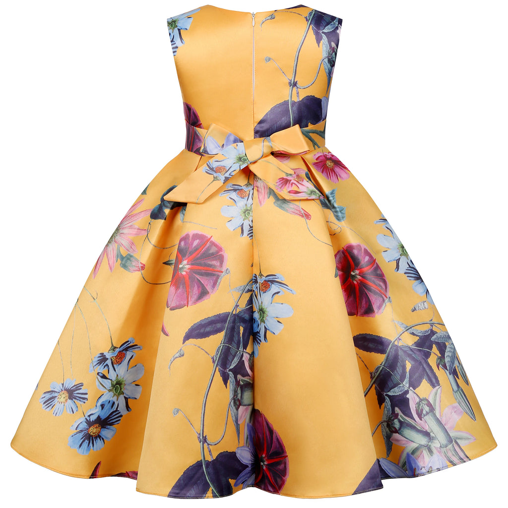 2026 European and American children's new flower vintage print princess dress girl holiday party dress dress