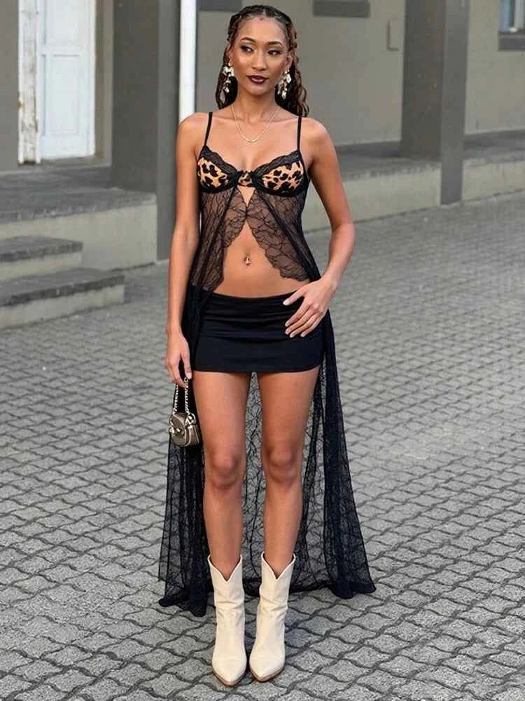 Weird Puss Backless Sexy Women Camisole Leopard Mesh Patchwork Ruffles Sexy Club Party Midnight Hot Girls Wild Coquette Maxi Top