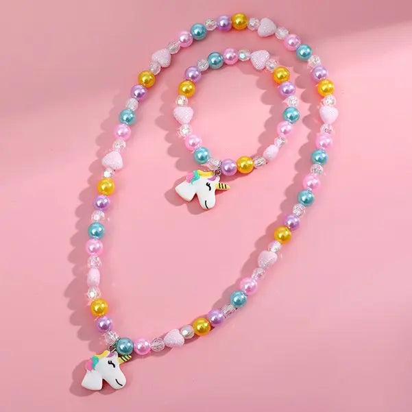 2pcs Colorful Cartoon Unicorn Flower Animal Child Sweater Necklace Bracelet Girl's Gifts Children's Jewelry Kids Toys